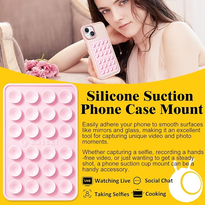Anteel MAX Silicone Suction Phone Case Adhesive Mount, Upgraded Super Strong Grip, Durable, Easy to Use, Hands-Free Sticky Phone Holder for Selfies, Tiktok Videos, 2.56"x3.94" (Light Pink)