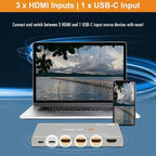 J-Tech Digital 4K 60Hz 4x1 HDMI & USB-C Switch | 3 HDMI + 1 USB-C Input, 1 HDMI Output | Compatible w/HDR & Dolby Vision | IR Remote, Auto Switch, CEC, Digital Audio [JTECH-4KSW3H1C]