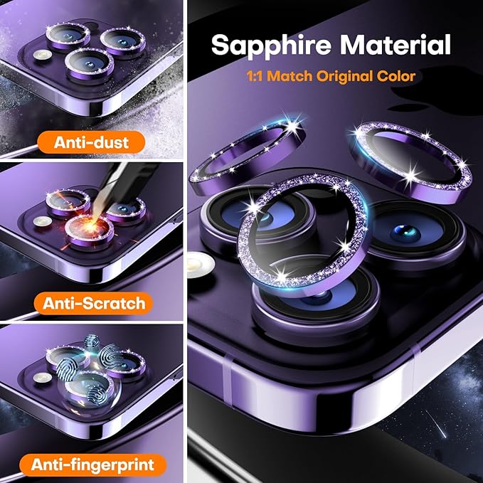 Camera Lens Protector for iPhone 16 Pro Max/16 Pro/15 Pro Max/15 Pro/14 Pro Max/14 Pro, Sapphire Glass Metal Individual Camera Cover Screen, Anti-drop, Case Friendly- Glitter Deep Purple