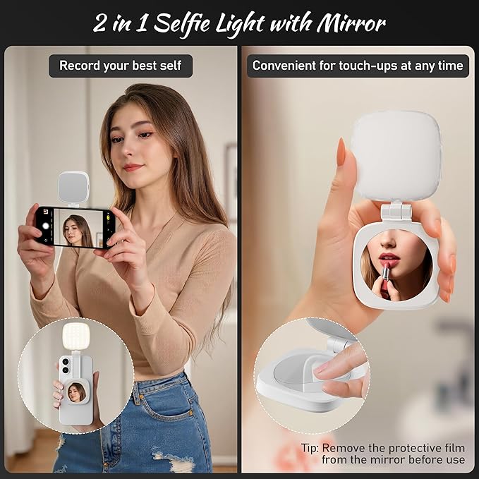 Magnetic Selfie Light for Phone: 5 Led Mode with Mirror Compatible for iPhone & Android - Rechargeable Portable Fill Light for Photography/Video Recording/Conference/Vlog/Makeup - White