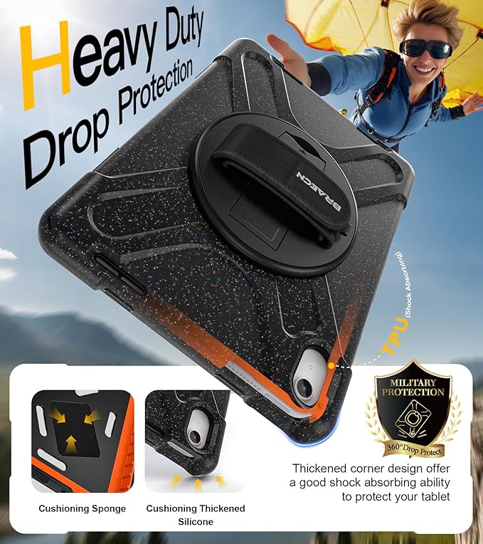 BRAECN for iPad (A16) 11th/10th Generation case 11/10.9 inch 2025/2022 Heavy Duty Shockproof Protective with Pencil Holder Screen Protector 360°Rotating Stand Handle & Shoulder Strap Full Body Cover