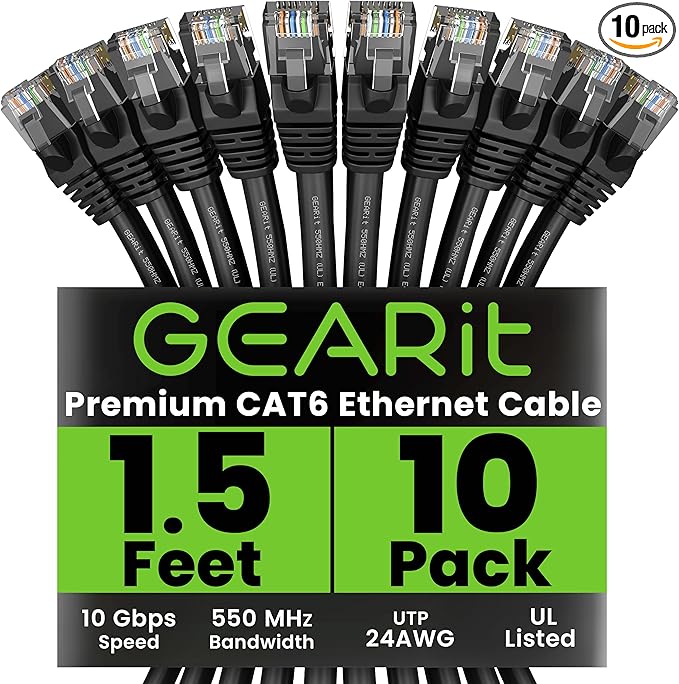 GEARit Cat 6 Ethernet Cable (10-Pack 1.5 Feet) Cat6 Network Patch, 10Gbps, RJ45, Snagless Cord, Gold-Plated Connectors, Internet for PC, TV, Tablet, Router, Printer, Servers, IT Data Center - Black