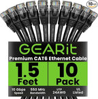 GEARit Cat 6 Ethernet Cable (10-Pack 1.5 Feet) Cat6 Network Patch, 10Gbps, RJ45, Snagless Cord, Gold-Plated Connectors, Internet for PC, TV, Tablet, Router, Printer, Servers, IT Data Center - Black