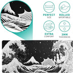 Black and White Japanese Wave Dragon Gaming Mouse Pad - Abstract Mat with Non-Slip Rubber Base, 31.5x11.8 Inch, Stitched Edges - Desk Pad for Office and Home