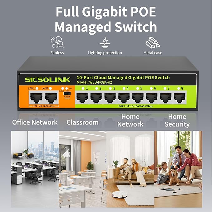 POE Switch, 10 Port Gigabit Switch, Easy Smart Cloud Managed Switch/Ethernet Splitter for Small Bessiness/Home Network & Power Management, Fanless & Metal Design, VLAN. (10 gigabit Ports|120w 8*POE+)