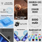 2025 Tablet, Android 14 Tablets 10 inch with Keyboard, 26GB RAM+256GB ROM(2TB Expand), 2-in-1 Tablets with 8-Core, 8000mAh, 5G WiFi, Widevine L1, GMS, with Case, Keyboard, Mouse, Stylus(Black)