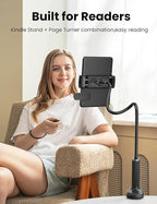 Gooseneck Kindle Holder with Remote Page Turner for Reading in Bed,Tablet Mount Holder for Desk,Flexible Long Arm for Tablets iPhones Kindle Accessories