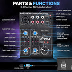Pyle 5-Channel Professional Audio Mixer DJ Sound Board – Compact Music Mixer with USB Interface, EQ Controls, XLR Mic Input, 18V Phantom Power, Rechargeable Battery – USB/Line/Master Controls
