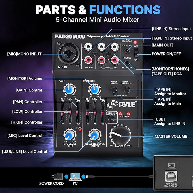 Pyle 5-Channel Professional Audio Mixer DJ Sound Board – Compact Music Mixer with USB Interface, EQ Controls, XLR Mic Input, 18V Phantom Power, Rechargeable Battery – USB/Line/Master Controls