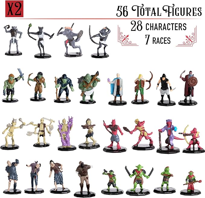 Monster Protectors 56 Fantasy Mini Figures - All Unique Designs - 1" Hex-Sized Compatible with DND Dungeons Dragons, Pathfinder, RPG Tabletop Games - Features Goblins, Orcs, Gnolls, Skeletons & More