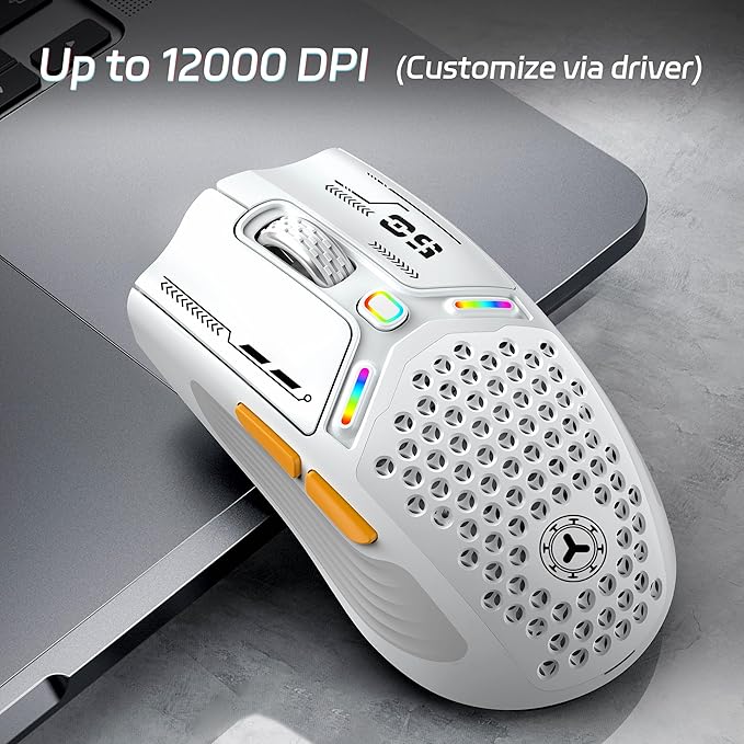 TENMOS M530 Wireless Gaming Mouse, 2.4G/Bluetooth/USB C Wired Rechargeable Mouse, 12000 DPI, RGB, 6 Programmable Buttons, Honeycomb Magnetic Cover, with Receiver Extender for Laptop/PC/Mac, White