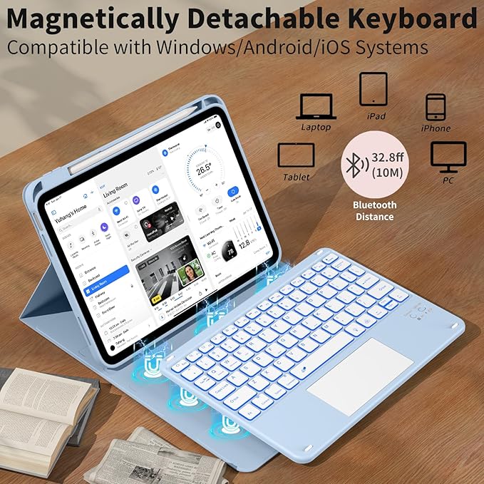 JKSML for iPad(A16) 11th/10th Generation Case with Keyboard (11/10.9 inch) 2025/2022, 7 Color Backlight Detachable Bluetooth Cover with Trackpad, Flip Stand Case Thin with Pencil Holder, White ice