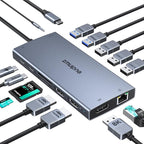 USB C Laptop Docking Station with 2 HDMI 4K@60Hz+DP 8K@30Hz for Dell HP Thinkpad Surface, 15 in 1 USB C Hub Triple Display Multiple Adapter, Dongle with USB A Port+Button+PD+Ethernet+SD/TF+Audio