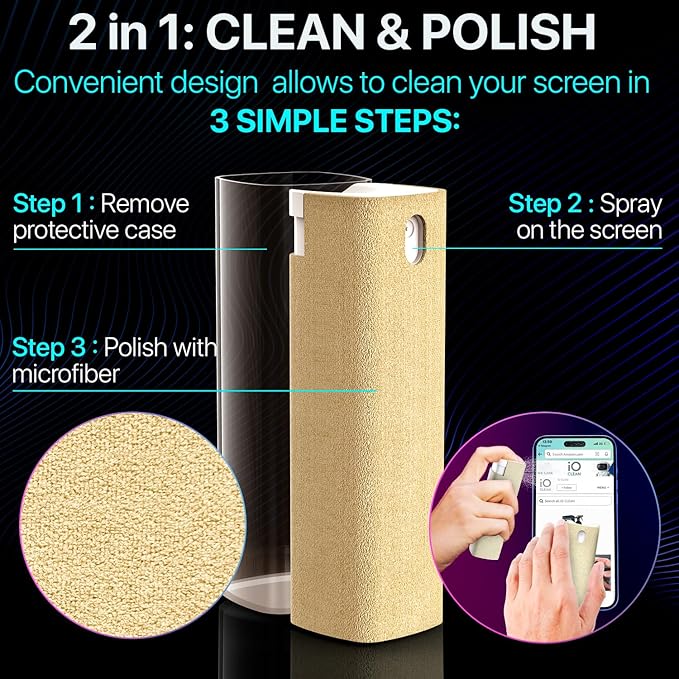 Mini Screen Cleaner Spray – Finger Proof Screen Cleaner for Smartphones, iPads, MacBooks, Laptops, Car Screens, Touchscreens – 3in1 Mist Cleaner, Microfiber Cloth and Protective Cover -Purple