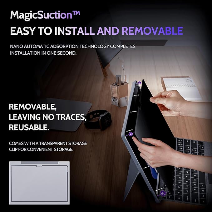 Privacy Screen for 10.5 Inch Surface Go 4/3/2/1, MagicSuction™ Removable Anti Spy Black Protector, Glare Blue Light Filter for Microsoft Laptop Computer Monitor