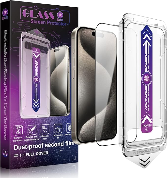 2 Pack Screen Protector Tempered Glass for iPhone 15 Pro Max 6.7-Inch Auto Dust Removal, No Bubbles, High Definition Clear, Easy Installation