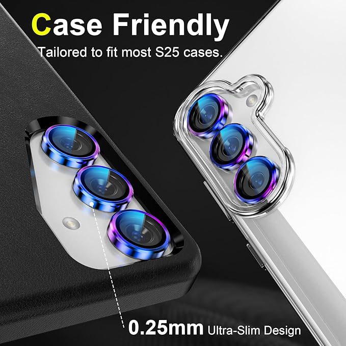 YWXTW Camera Lens Protector for Samsung Galaxy S25 Accessories [1:1 Fit & Ultra Clarity] 9H Tempered Glass Metal Individual Ring Camera Cover Screen Protector for S25, Case Friendly (Multi-Coloured)