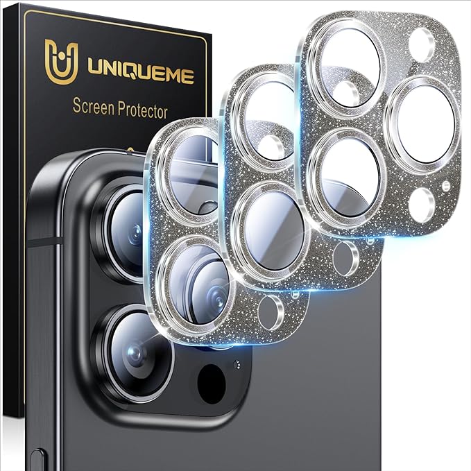 UniqueMe for 3 Pack iPhone 16 Pro/iPhone 16 Pro Max Camera Lens Protector - [Drop Protection] [Case Friendly] 9H Tempered Glass Camera Cover Screen [Update New Version] - Glitter Black