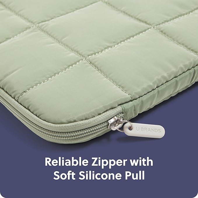 U Brands Nylon Puffer Zipping Large Laptop Sleeve, 10.5" x 15", Computer Accessories, Laptop Bag for MacBook Pro, MacBook Air, Chromebook, HP Computer, Matcha Green