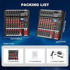 6 Channel Audio Mixer, Professional Music Mixer Board DJ Mixing Console with Bluetooth, USB/MP3 Player, Reverb, and 48V Phantom Power for Studio Recording, Karaoke, and Live Performances