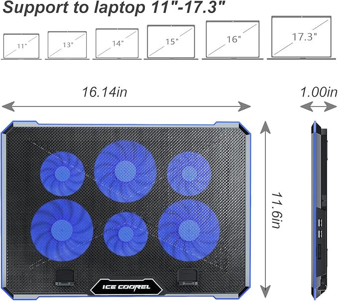 ICE COOREL Laptop Cooling Pad with 6 Cooling Fan, Laptop Cooler Fan with No Lights, Cooling pad for Laptop 15-17 Inches, Notebook Cooler Stand with 9 Height Adjustable, Cooler Pad for Lap or Desk Use