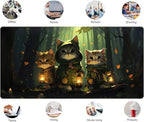 Forest Cats Desk Mat Anime Cat Desk Pad Cute, Kawaii Green Mouse Pad XXL, Large Extended Gaming Mousepad Keyboard Mouse Mat with Stitched Edges, Home Office Decor Pad for Women Girl 31.5x15.75 in