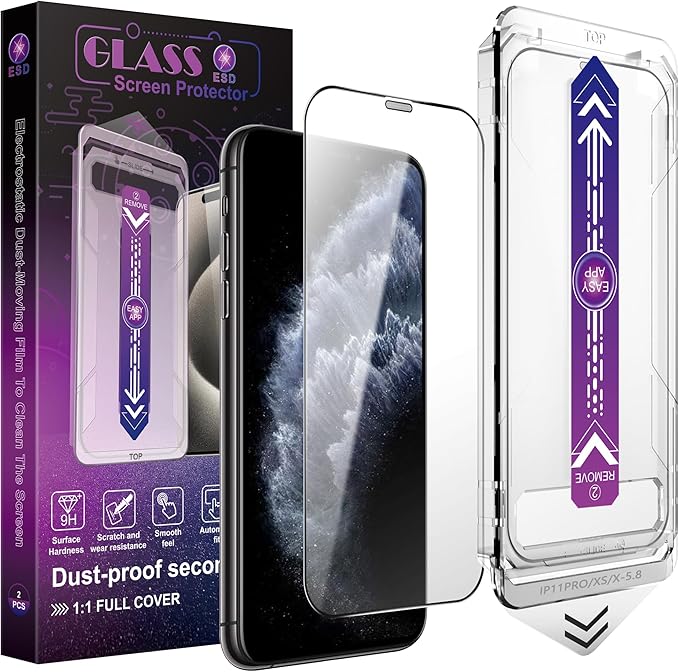 2 Pack Screen Protector for iPhone X/iPhone XS/iPhone 11 Pro, 9H Tempered Glass, Full Coverage, Anti-Fingerprint, Auto Dust-Elimination, No Bubble, Easy Installation