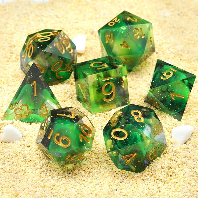 Haxtec Glitter DND Dice Set Sharp Edge Dice with Dice Case Handmade Green Resin D&D Dice Set for TTRPGs Compatible with Dungeons and Dragons Gifts