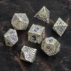 Silver Metal Hollow DND Dice Set (Cleric) Metallic Luster Maze Design with Storage Box - Balanced Weight 7 Piece Zinc Alloy, Designed for Dungeons and Dragons DM and Player RPG Accessories