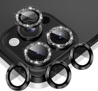 AGVEE 3+3 6 Pack for iPhone 16 Pro 6.3" / 16 Pro Max 6.9" Camera Lens Cover Protector, Bling Glitter & CD-Textured Metal Ring 9H Tempered HD Glass Camera Cover Protector Film, Glitter-Black
