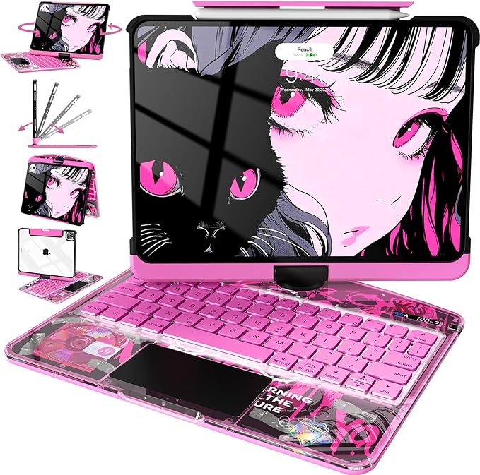 Intermerge Clear iPad A16 11th (2025) & 10th Generation 10.9" Case with Keyboard, 360° Transparent Multi-Touch Trackpad, 7-Color RGB Keyboard, Pencil Holder, Type-C, Power Indicator, Blush Pulse