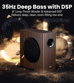 Edifier T5s Powered Active Subwoofer with 70W RMS, 8" Long-Throw Woofer, Deep Bass (35Hz) Speaker, Built-in Amp, Low Distortion, Phase Selector & Energy-Efficient for Home & Studio Audio, Brown