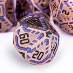 Metal DND Sci-fi Dice Set 7PCS Stripe Polyhedral Dice for Dungeons Dragons RPG Role Playing Game, Glitter D and D Dice with Gift Box D6 D8 D10 D12 D20 (Ancient Bronze&Purple)