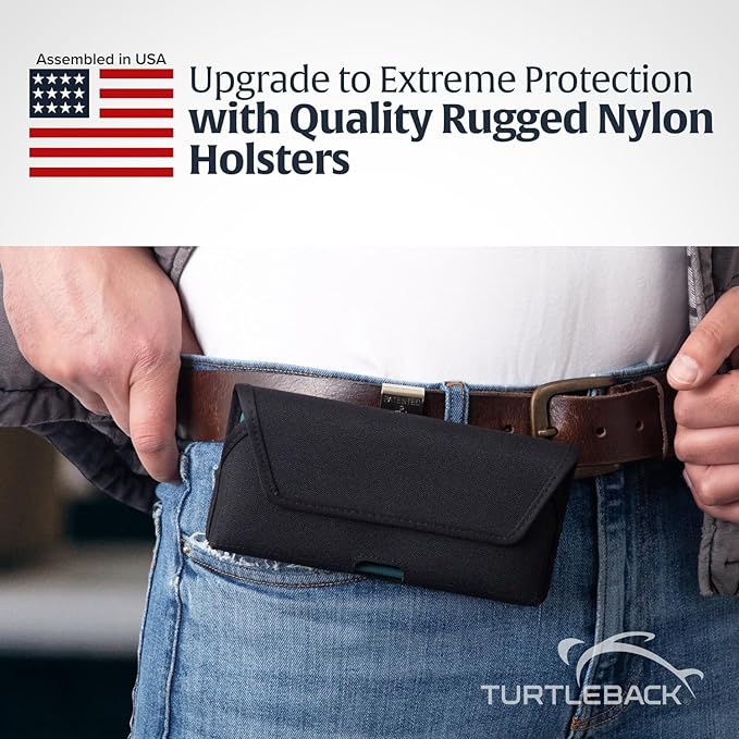 Turtleback Belt Clip for iPhone 16 Pro, 16e, 15 pro 14 Pro 13 Pro -Medium- Fits w/Shockproof Commuter Style Cases, Premium Black Nylon, Horizontal Belt Holder, Magnetic Closure HD Rotating Clip