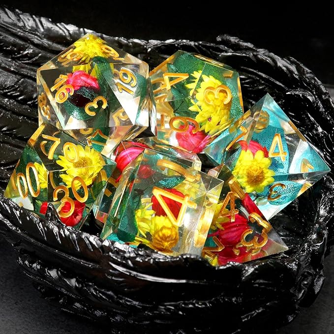 Haxtec Flower Sharp Edge Dice Resin DND Dice Set 7PCS Yellow Blue Red Polyhedral D&D Dice for Role Playing Dice Games Compatible with Dungeons and Dragons