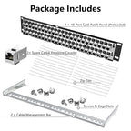 Jadaol 48 Port Shielded Patch Panel Rack or Wall Mount 19-Inch, 2U Cat6A Network Panel Preloaded with 48 Keystone Couplers Plus 2 Spare, 10Gbps Ethernet Panel with Cable Management & Back Support Bar