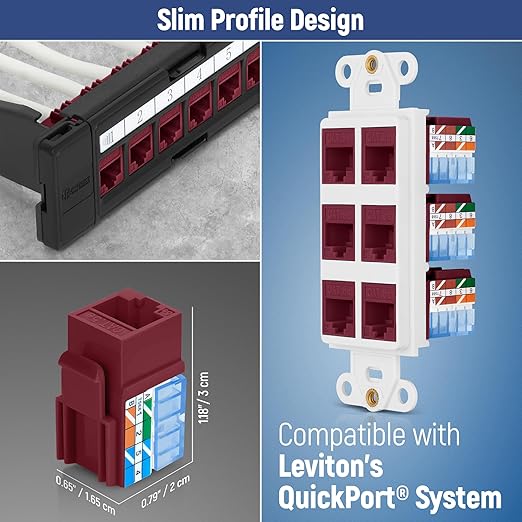 Everest 90° Angled RJ45 Cat5e Keystone Jacks 10-Pack in Red - Slim Profile Female RJ45 Connectors - Cat 5e Keystone Jack - Compatible with 90° Angled Speed Termination Tool - easyJACK (B094WB91H3)