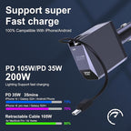 Aftertop 200W Retractable Car Charger, 3-in-1 Independent Fast Charging, 2.3ft 105W Retractable Cable, Power Display USB C Car Charger for MacBook Pro, iPhone 16 15, Galaxy S25 S24 Ultra etc