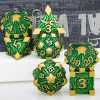 Metal DND Dice Set with Box, Debris RPG Green Golden D and D Dice for use with D&D Tabletop Games Role Playing Game Polyhedral Dice Set D20 D12 D10 D8 D6 D4