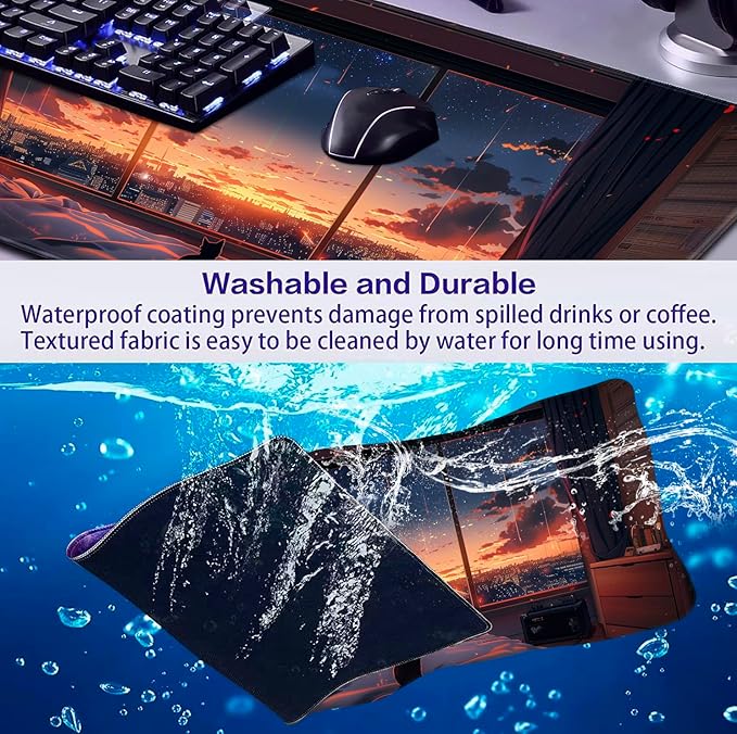 Anime Cat Fantasy Window Mouse Pad, Summer Mouse Pad Large Healing Night Scene, Game Table Pad XL Office Decoration Women's Laptop Keyboard Pad 35.4 x 15.7 x 0.12 Inches