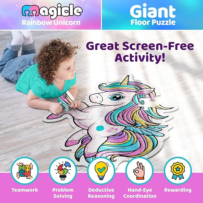 Rainbow Unicorn Giant Floor Puzzle with Sounds, 35 Piece Extra Thick Puzzles, Unicorn Toys for Girls Age 4-6, Floor Puzzles for Kids Ages 3-5 and 6 Year Old Gifts