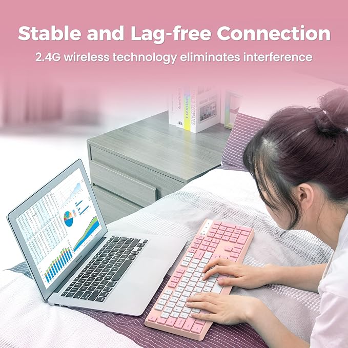 Lovaky Wireless Keyboard, 2.4G Ergonomic Wireless Computer Keyboard, Enlarged Indicator Light, Full Size PC Keyboard with Numeric Keypad for Laptop, Desktop, Surface, Chromebook, Notebook,PinkWhite