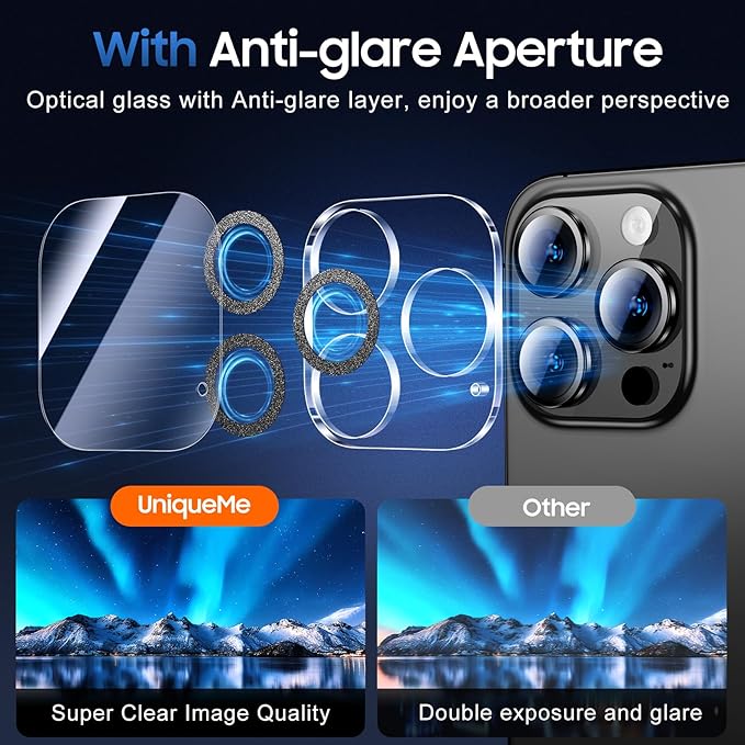 UniqueMe for 3 Pack iPhone 16 Pro/iPhone 16 Pro Max Camera Lens Protector - [Drop Protection] [Case Friendly] 9H Tempered Glass Camera Cover Screen [Update New Version] - Glitter Black