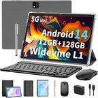 Android 14 Tablet with Keyboard, 12GB RAM (6+6), 128GB Storage, 1TB Expandable, 8000mAh Battery, 10 Inch 2-in-1 Tablets, Includes Case, Mouse & Stylus（Black）