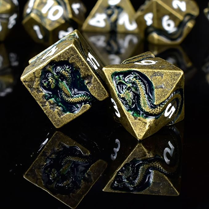 RULE DICE Metal D&D Dice, DND Dice Set, Polyhedral Dice for Dungeons and Dragons RPG Games | 7pc D and D Dice Set with Green Serpent | Gift for TTRPG Players