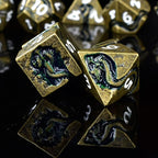 RULE DICE Metal D&D Dice, DND Dice Set, Polyhedral Dice for Dungeons and Dragons RPG Games | 7pc D and D Dice Set with Green Serpent | Gift for TTRPG Players