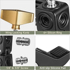 MINIFOCUS Super Clamp Mount, Tripod Clamp with 1/4" & 3/8" Threaded Holes, 3/8" Locating Pin for ARRI Standard, T-Shaped Wingnut and Silicone Pad, Versatile Crab Clip Strong Clamp for Camera/LED Light
