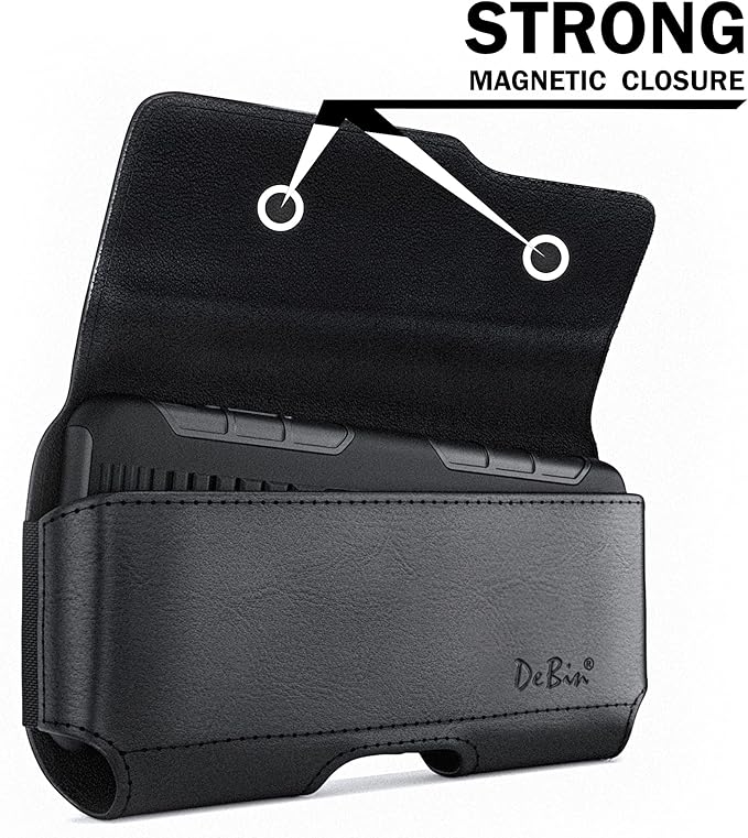 DeBin Holster for Large iPhone Plus, Pro Max Models 16 15 14 13 12 11 Xs Max – Leather Cell Phone Belt Holder Case with Clip, Carrying Pouch Cover Fits Phone with Case on, Black
