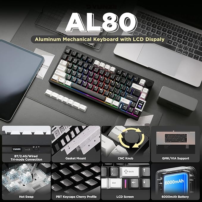 YUNZII AL80 Wireless Mechanical Keyboard,Full Aluminum CNC, Smart LCD Display,Hot Swappable Gasket Mount 75% Layout with Knob,BT/2.4G/USB-C,QMK/VIA Support for Win/Mac (Black, Gateron Zero Switch)