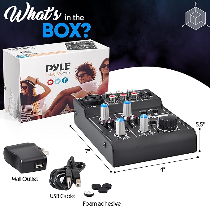 Pyle 5-Channel Professional Audio Mixer DJ Sound Board – Compact Music Mixer with USB Interface, EQ Controls, XLR Mic Input, 18V Phantom Power, Rechargeable Battery – USB/Line/Master Controls